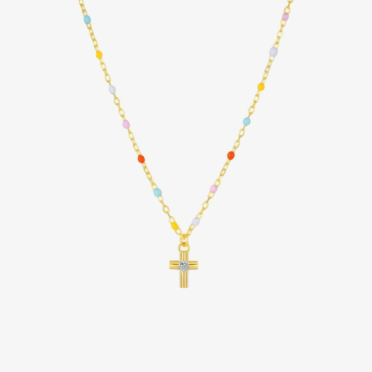 Rainbow Bead Cross Necklace